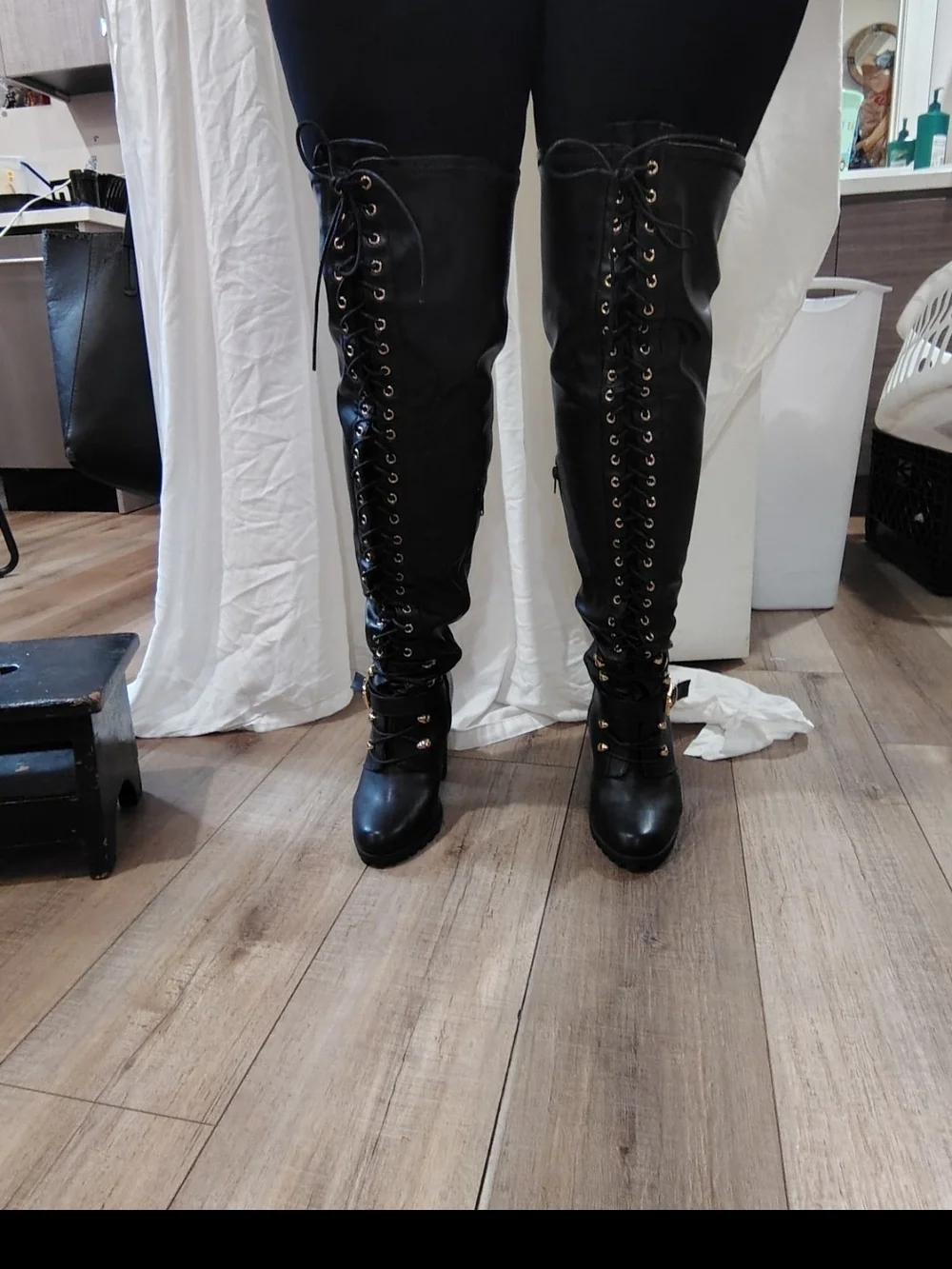 Black Lace-Up Over-the-Knee Heeled Boots